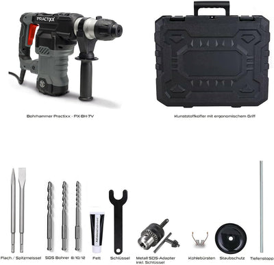 Practixx SDS-Plus Bohrhammer PX-BH-7V | 7 Joule Schlagkraft | 1500W Bohrmaschine | 6 variable Geschw