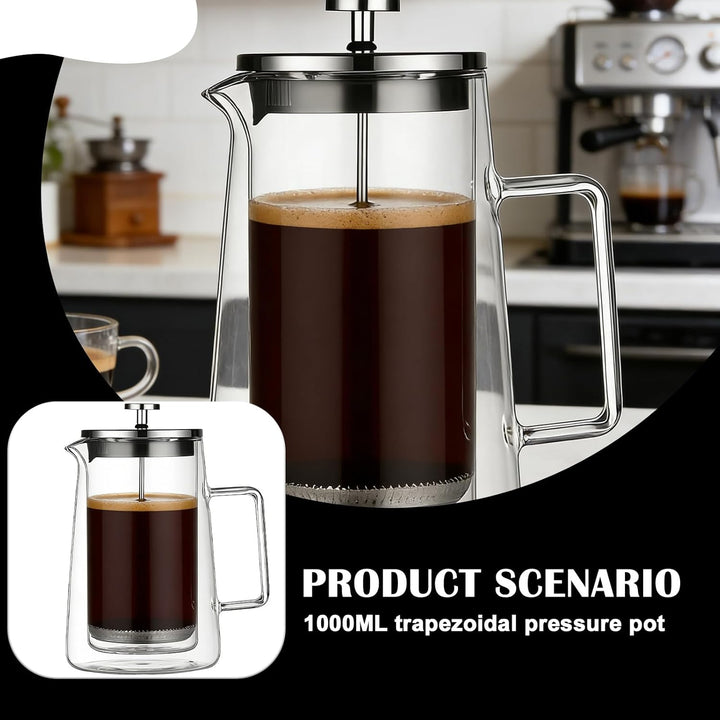 BORDEAG Kaffeebereiter Glas, 113 x 102 x 220mm French Press Edelstahl, French Press 1 Liter, Kaffeep