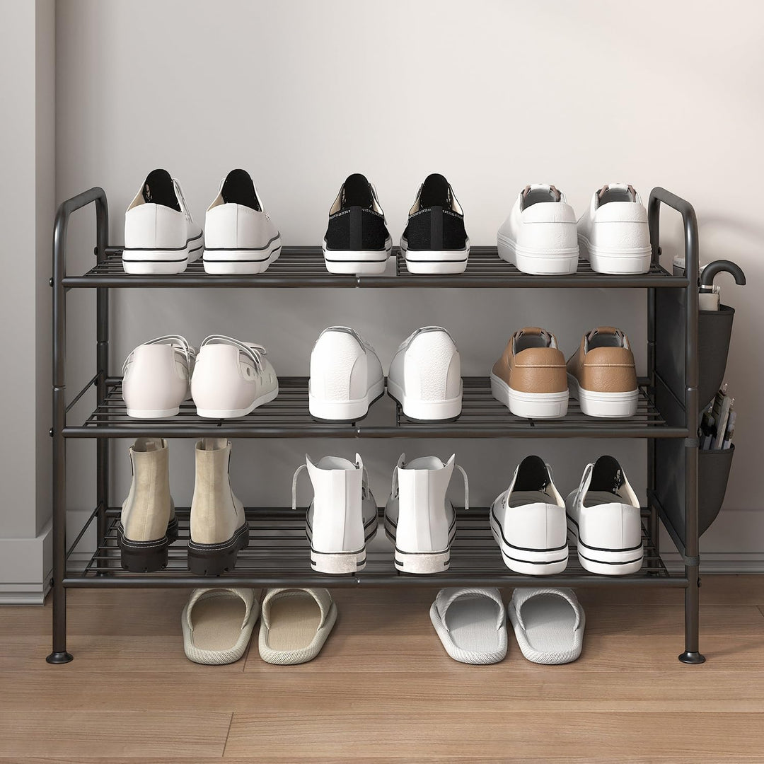 Schuhregal 3 Ebenen Schuhaufbewahrung Organizer Metall mit Seitentaschen für Flur, Schlafzimmer Schw