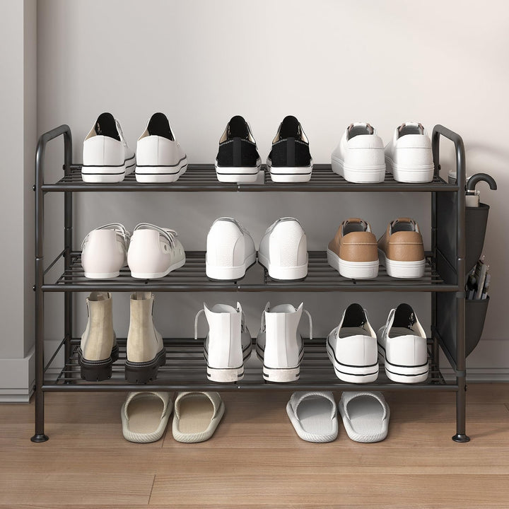 Schuhregal 3 Ebenen Schuhaufbewahrung Organizer Metall mit Seitentaschen für Flur, Schlafzimmer Schw