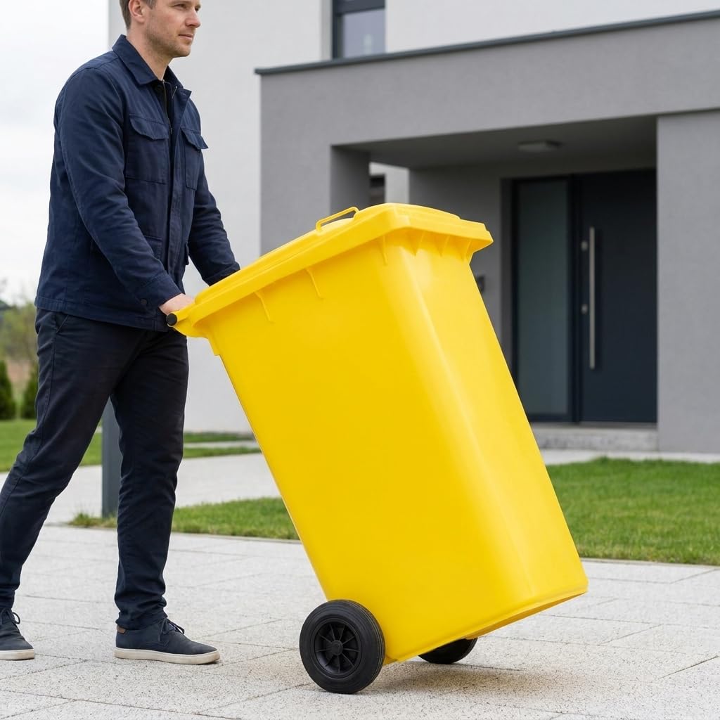 plasteo 240 Liter Gelbe Mülltonne – Robuster Abfallbehälter für Mülltrennung – Wetterfest & Langlebi