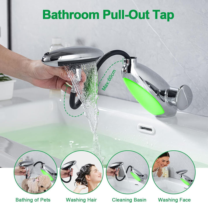 LED Wasserhahn Bad Mit Ausziehbar,Waschtischarmatur Mit 4 Wasserstrahlarten,Chrom