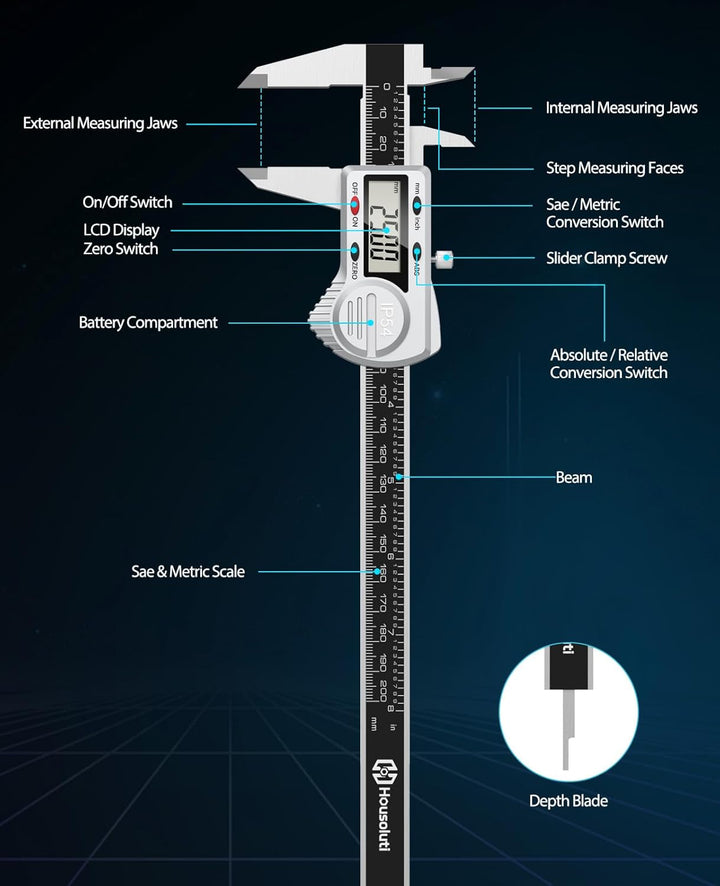 Housolution Messschieber Digital, Elektronische Schieblehre mit ABS-Funktion, 8-Zoll IP54 Wasserdich