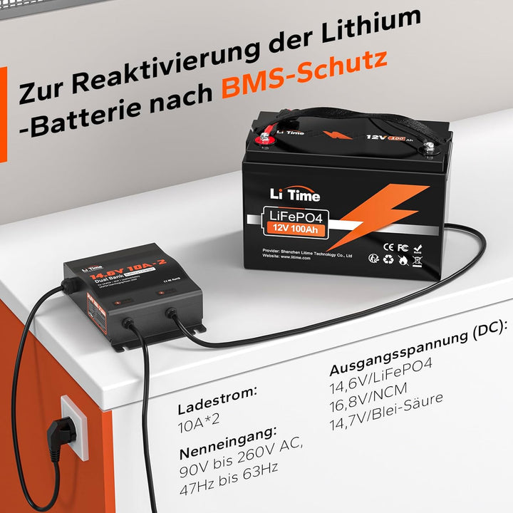 LiTime 2-Bank 14.6V 10A Batterieladegerät IP67 Wasserdicht 12V10A 2-Bank Wasserdicht, 12V10A 2-Bank
