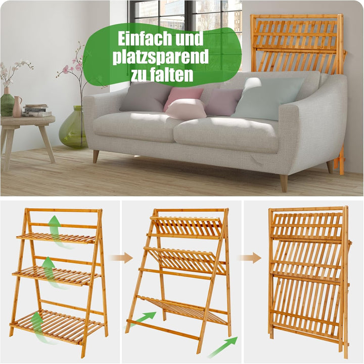 GOPLUS 3 Ebenen Blumenregal Bambus, klappbares Pflanzenregal, Blumentreppe, Blumenständer, Blumenlei