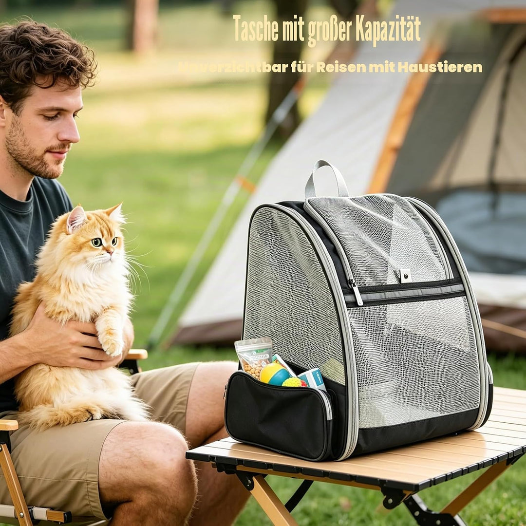 Haustier Rucksack bis 8kg mit 2 Tragbare Fressnäpfe, Faltbare Katzenrucksack Hunde Rucksack mit 3-se