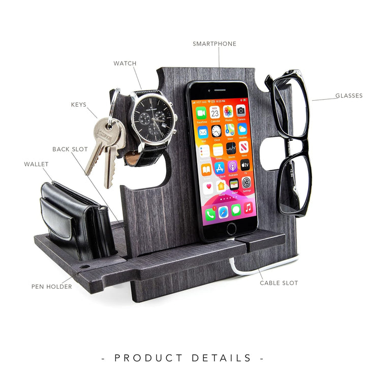 Personalisierte Dockingstation, Smartphone-Ständer - Nachttischhalter aus Holz, Geschenkidee für Män