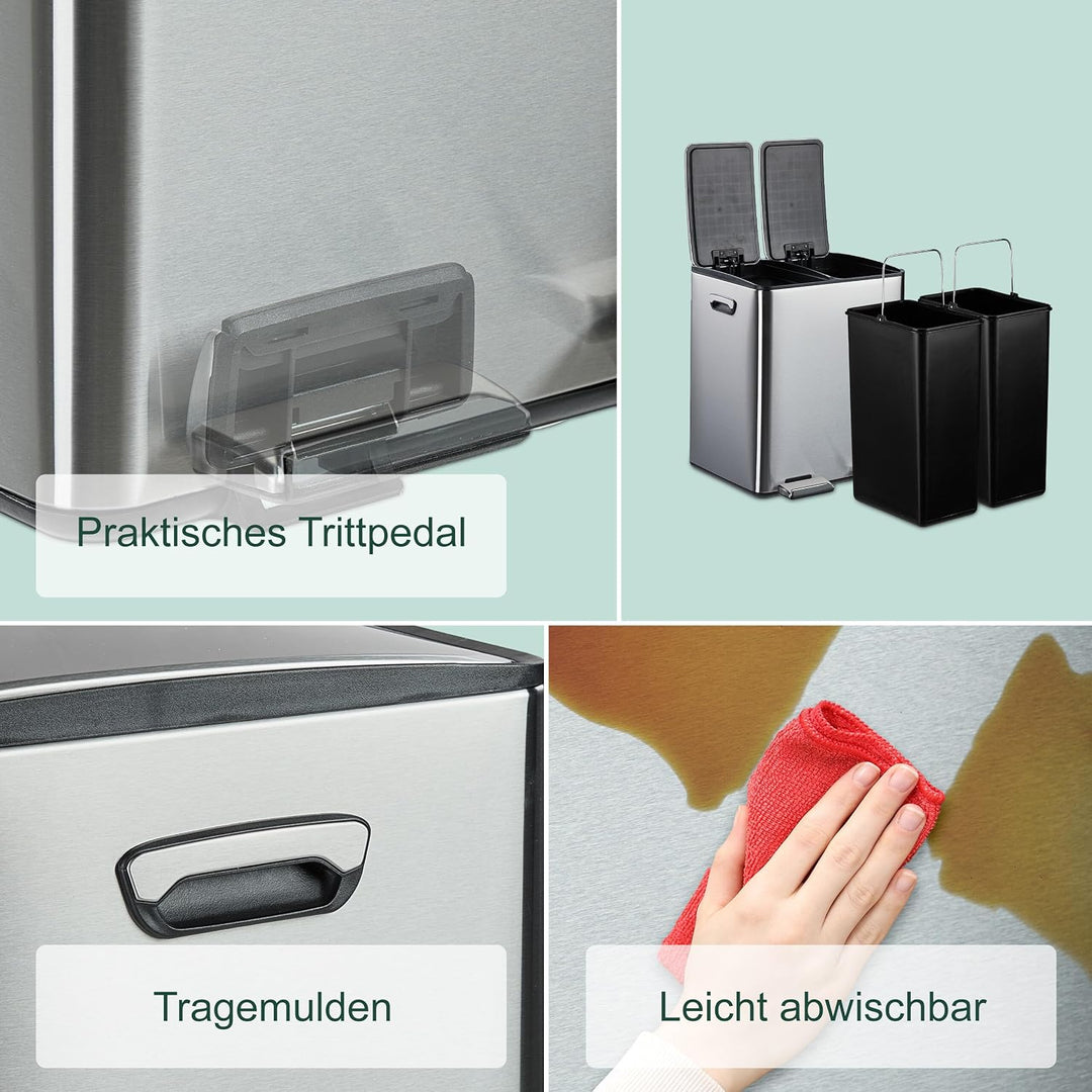Relaxdays Mülleimer, 2 Fächer, je 15 l, entnehmbare Inneneimer, Fusspedal, Küche, Tretmülleimer, Eis