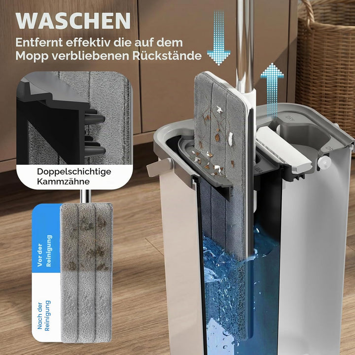 Masthome Bodenwischer Set mit Eimer,Wischmopp Set mit Edelstahlgriff und 4 Mikrofaser Moppkopf, Putz