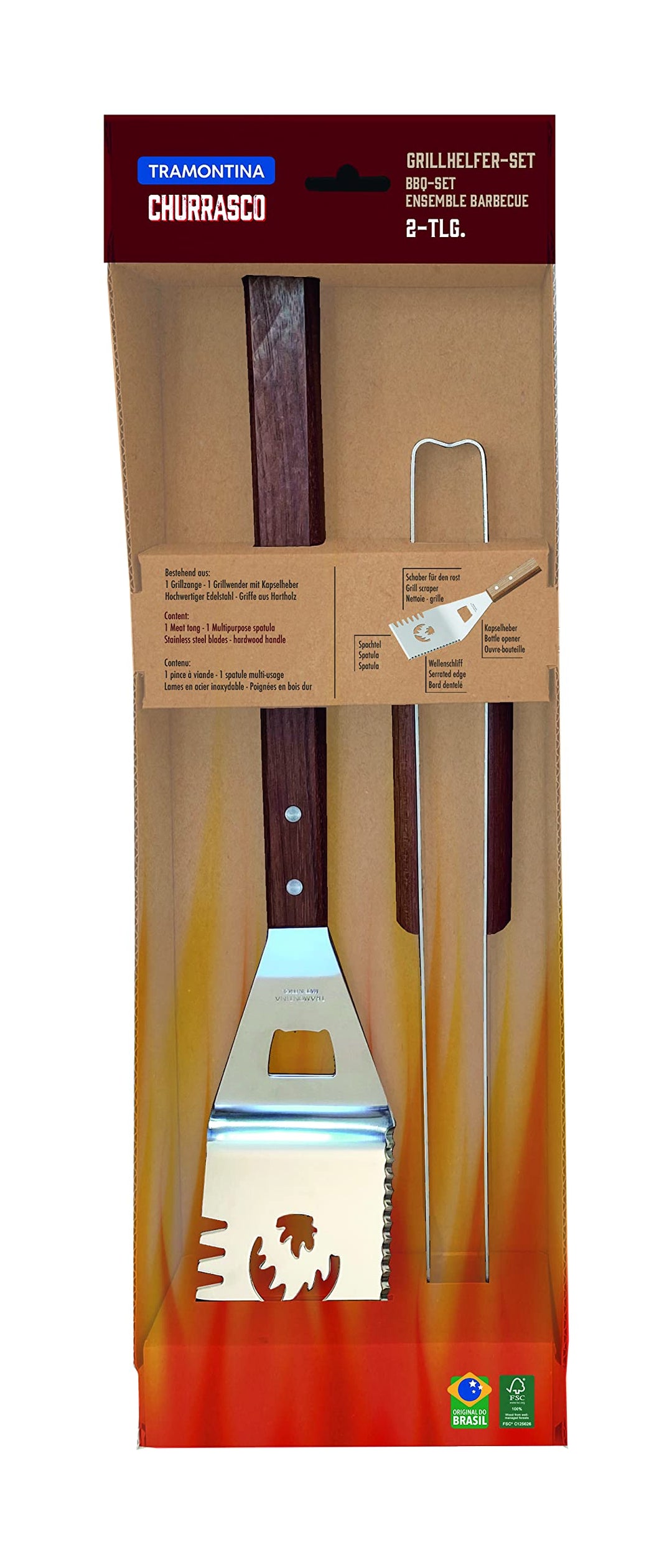 Tramontina CHURRASCO Grillhelfer, Grillbesteck, Holzgriff FSC, Edelstahl (Grillhelfer Set 2-TLG.)