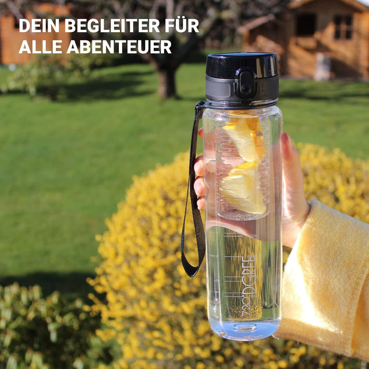 720°DGREE Trinkflasche 1l “uberBottle“ crystalClear +Früchtebehälter - BPA-Frei, Auslaufsicher - Was
