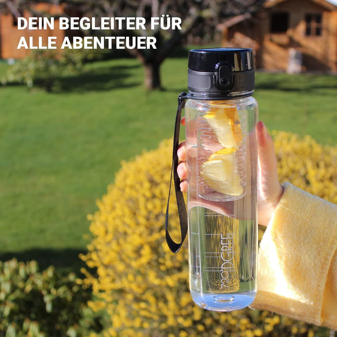 720°DGREE Trinkflasche 650ml “uberBottle“ crystalClear +Früchtebehälter - BPA-Frei, Auslaufsicher -
