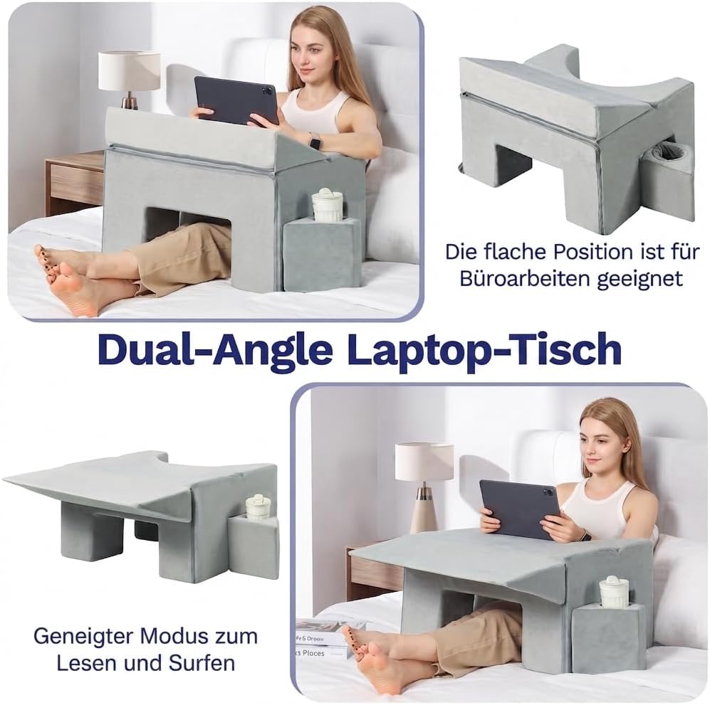 Lesekissen, Klappbare Laptopauflage mit Getränkehalter, Hellgrau Hellgrau-samt, Hellgrau-samt