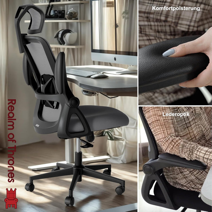 Realm of Thrones Captain Ergonomischer Bürostuhl für Zuhause, Robuste Stahlbasis, Klappbare Armlehne