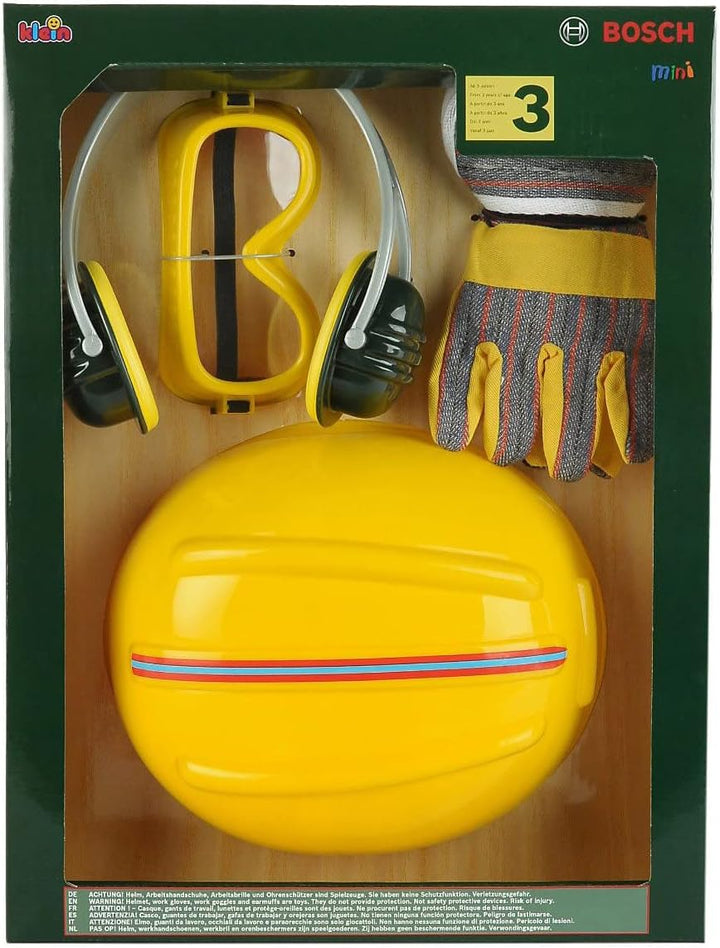 BOSCH Theo Klein 8537 Zubehör-Set | Hochwertige Arbeitshandschuhe, Brille, Ohrenschützer und Helm De