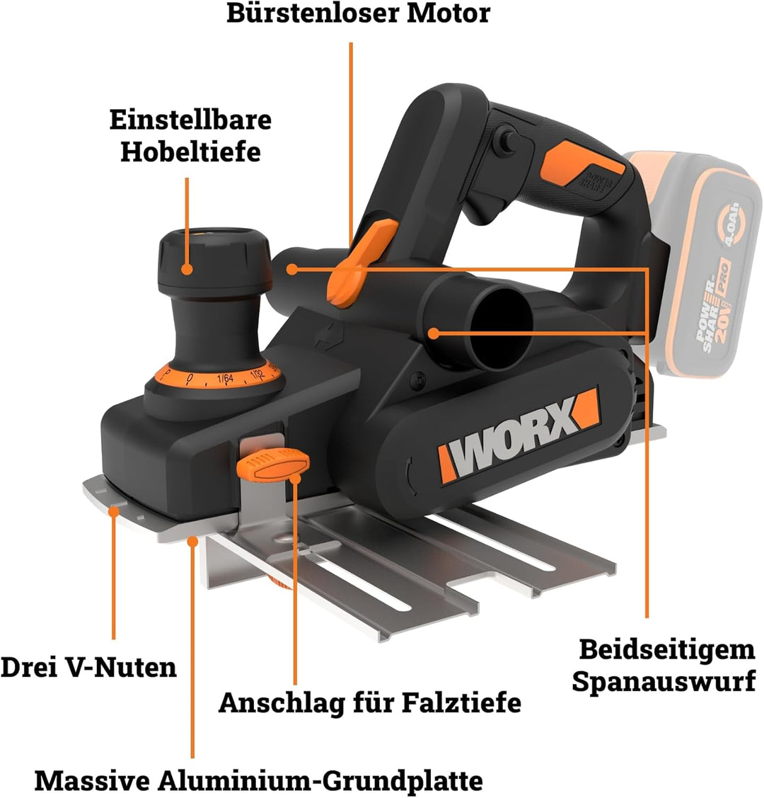 WORX WX620.9 Akku Hobel 20V, 82 mm Hobelbreite, Brushless Motor, 0–2 mm Spanabnahme, Falztiefe 0–8 m