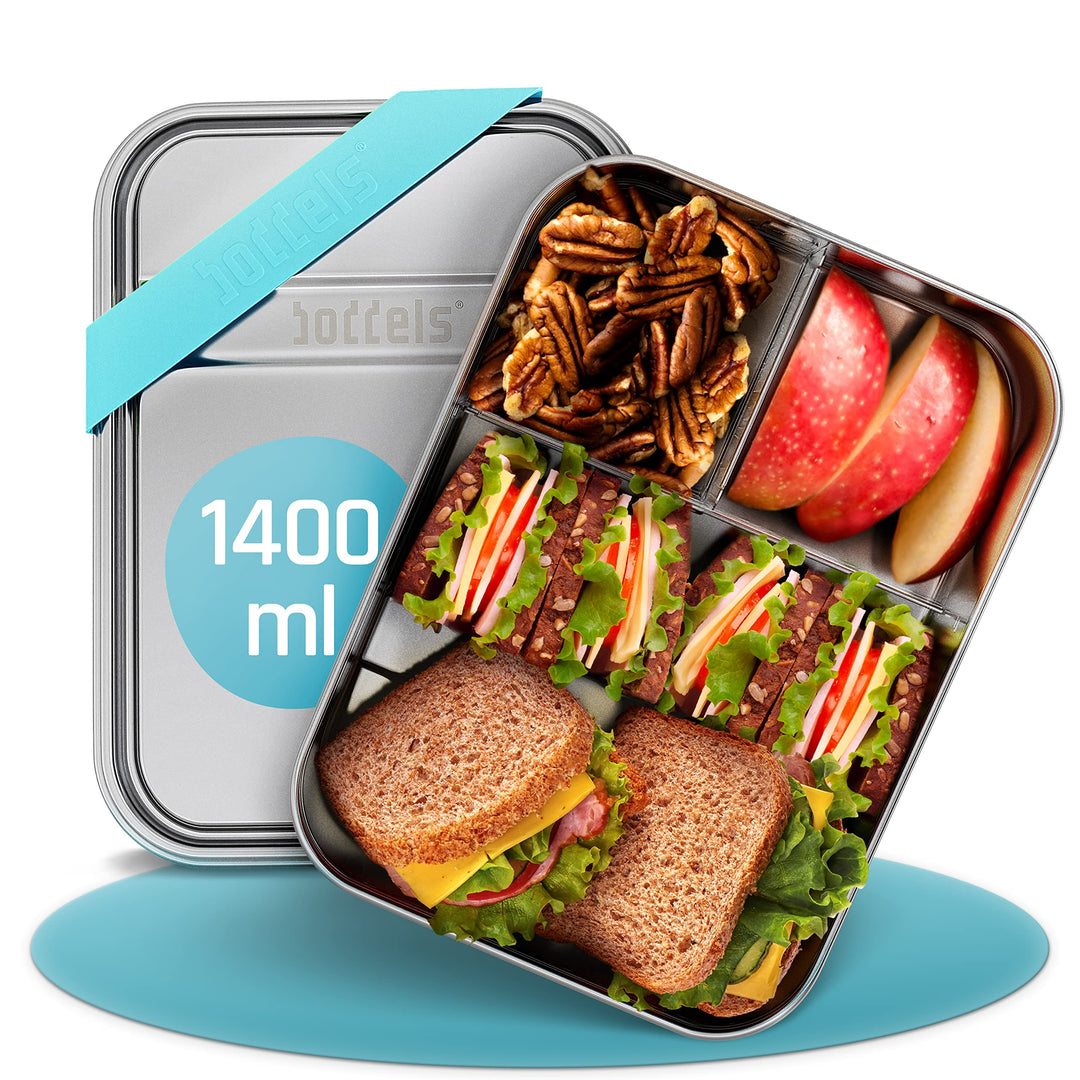 boddels Edelstahl Brotdose mit Fächern 1.400ml | inkl. flexiblem Trenner | Brotbox Kinder mit Untert