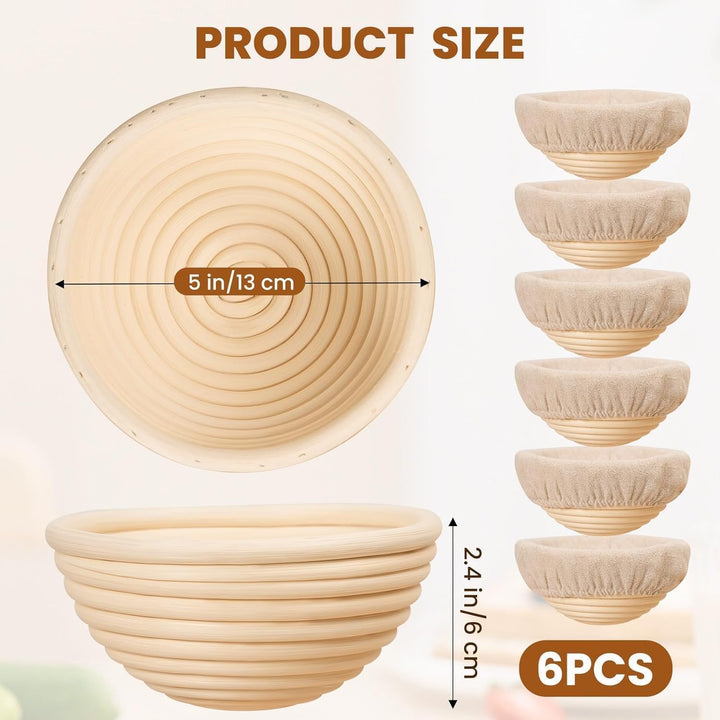 Gärkörbchen Rund,6PCS Banneton Proof Basket Korb Set,6 Zoll Natürliches Rattan Gärkörbchen für Brot