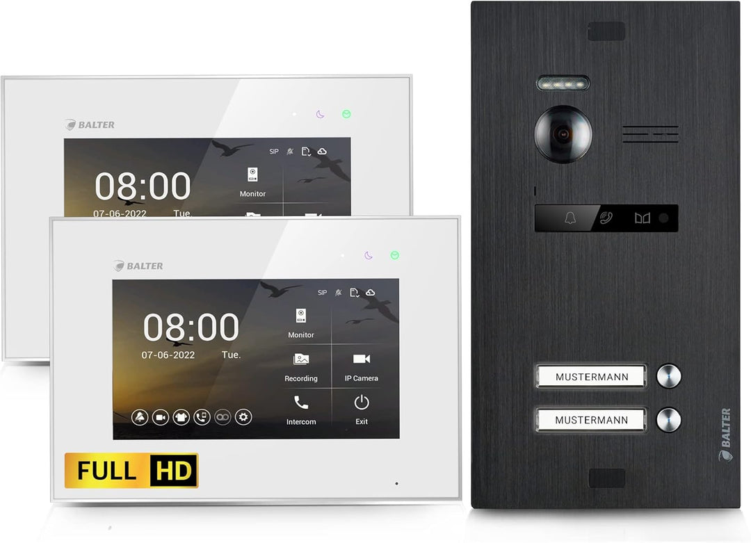Balter EVO-HD Video Türsprechanlage, Video Türklingel mit Kamera, 2 familienhaus Klingel, 7 Zoll HD