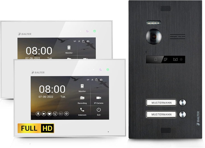 Balter EVO-HD Video Türsprechanlage, Video Türklingel mit Kamera, 2 familienhaus Klingel, 7 Zoll HD