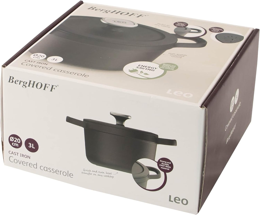 BergHOFF Leo Schmortopf mit Deckel, Gusseisen, 20 cm, Graphit Graphit 20 cm, Graphit 20 cm