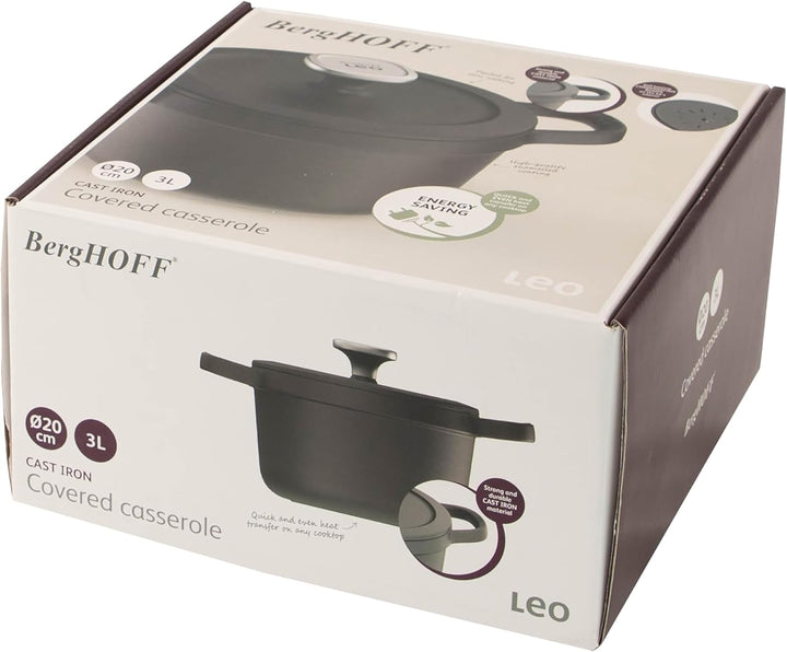 BergHOFF Leo Schmortopf mit Deckel, Gusseisen, 20 cm, Graphit Graphit 20 cm, Graphit 20 cm