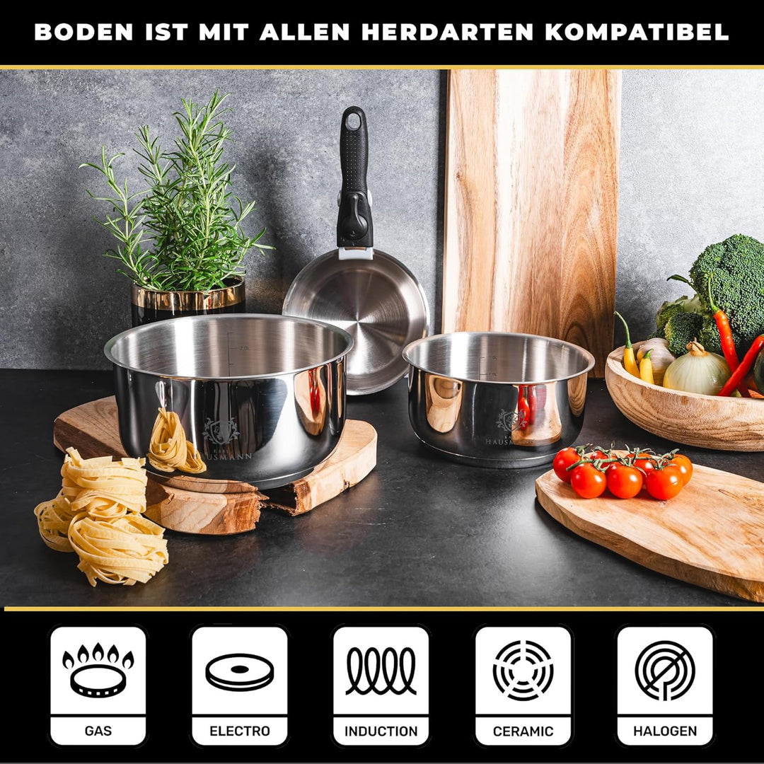 Topfset Induktion mit Abnehmbarer Griff - 3-Teilig - Edelstahl Kochtöpfe für Alle Herdarten - Kochto