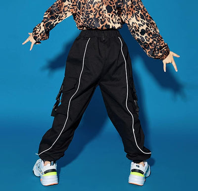 Kinder Cargo Hose Elastische Taille Jogger Hose für Jungen Mädchen Street Hip Hop Schwarzer Streifen