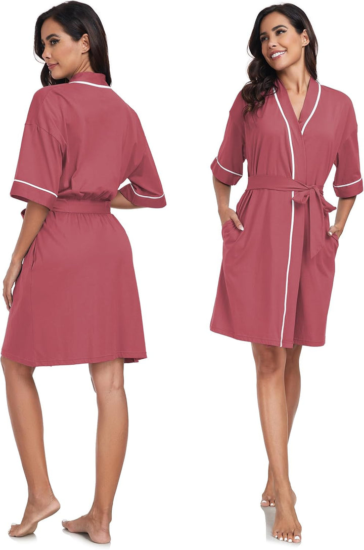COLORFULLEAF 100% Baumwolle Bademantel Damen Kurz Morgenmantel Leicht Knielang Kimono Saunamantel Na