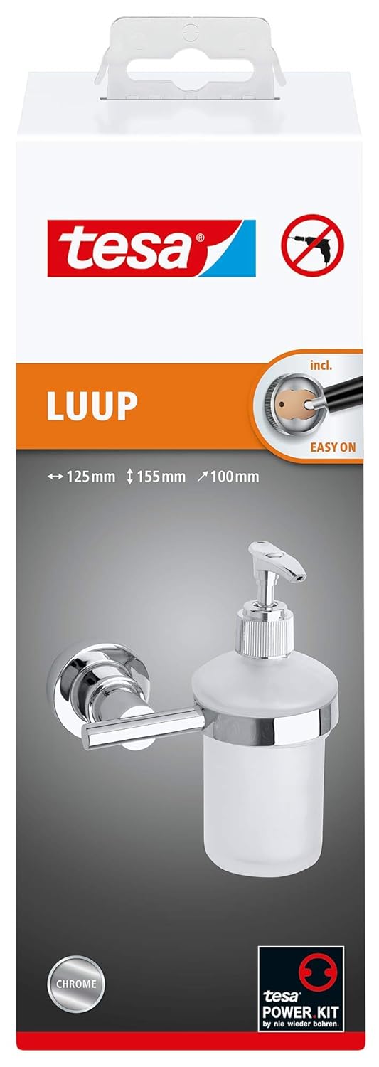 tesa LUUP Seifenspender-Set, satiniertes Glas und verchromter Edelstahl - Flüssigseifenspender zur W