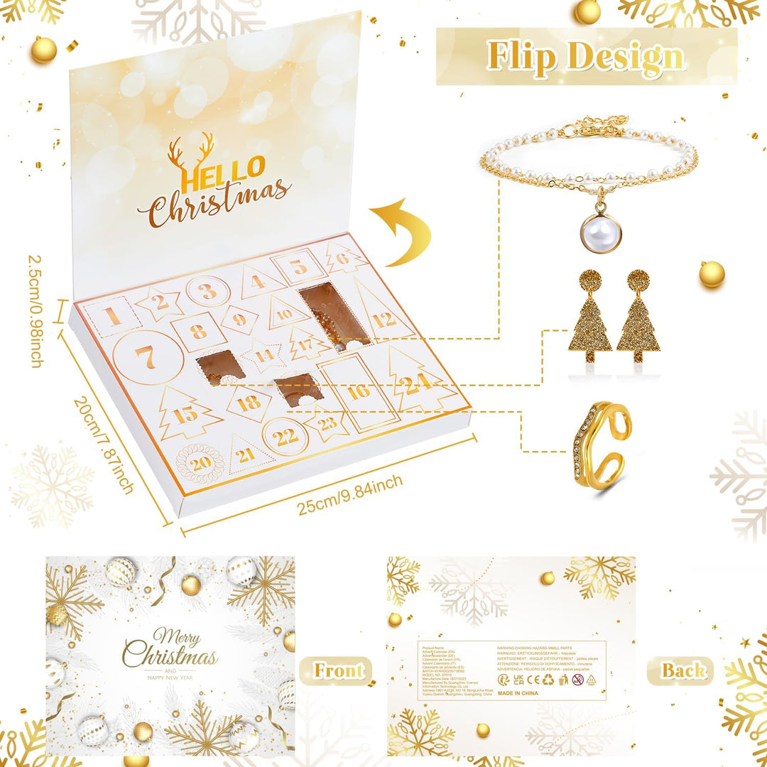 2025 Schmuck Adventskalender für Frauen Mädchen, 24 Überraschungen Count Down Kalender mit Golden Ar