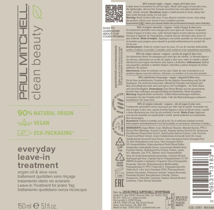 Paul Mitchell Clean Beauty Everyday Leave-In Treatment – Vegane Haarpflege Für Alle Haar-Typen, Tägl