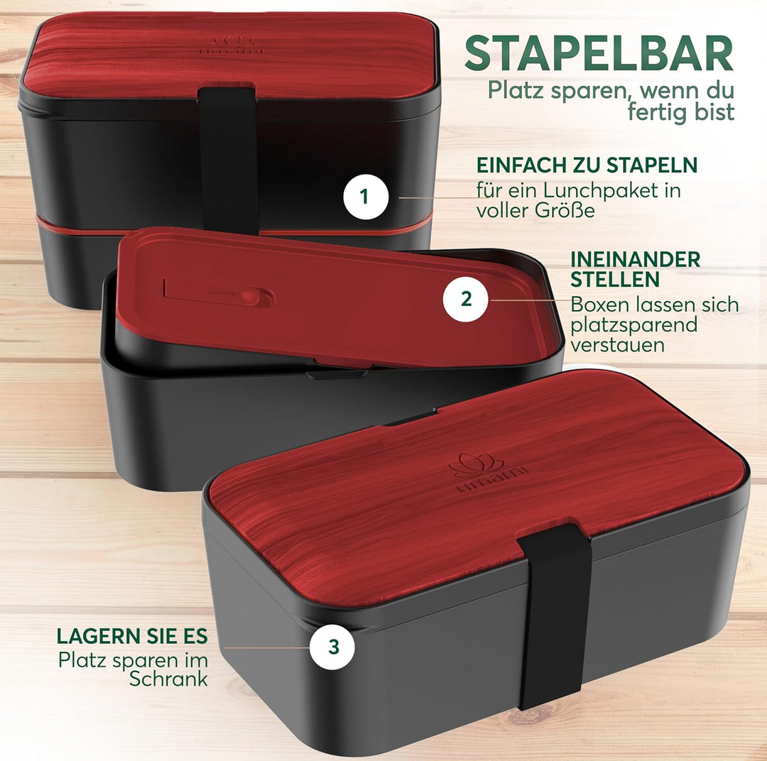 Umami Premium Lunchbox Erwachsene, Verschachtelbar Auslaufsichere Bento Box mit 4 Bestecke & Fächern