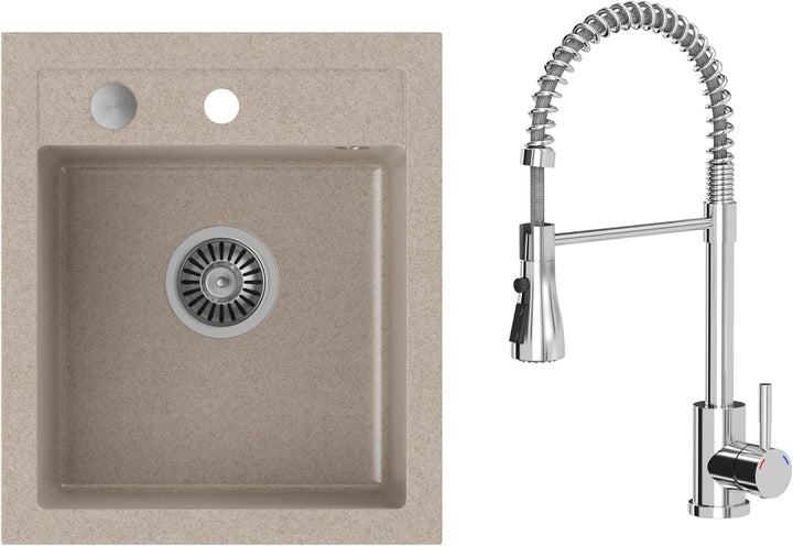 VBChome Spülbecken mit Armatur 43 x 50 cm Beige Granit Einzelbecken Einbauspüle gesprenkelt reversib