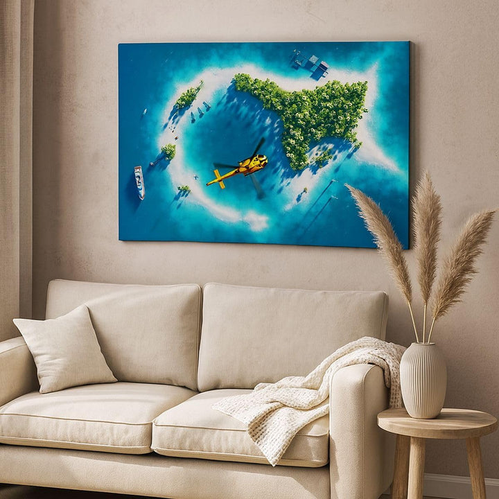 Bilder auf Leinwand 100x70cm Leinwandbild Hubschrauber Ozean Insel Paradies Gross Wanddeko Bild Schl