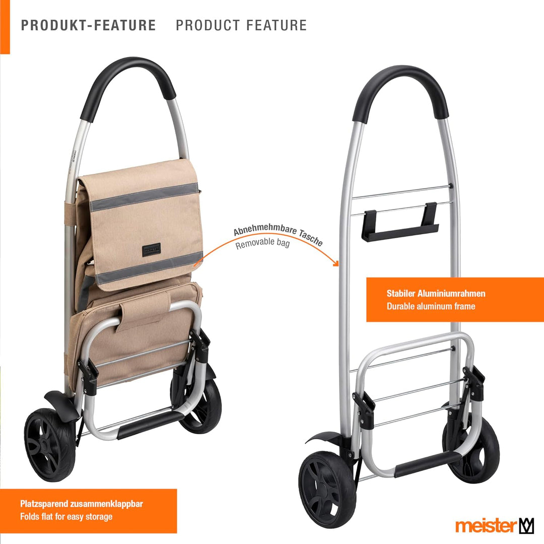 Meister Einkaufstrolley Beige, 54 + 5 L – Klappbarer Einkaufsroller mit grossen Reifen & Kühlfach –