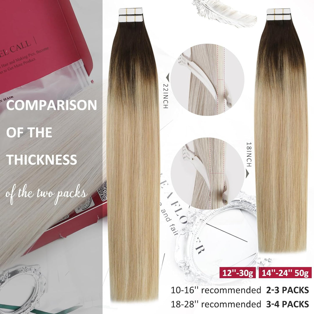 Moresoo Invisible Tape Extensions Blond Haarverlängerung Echthaar Tapes 35 cm Dunkelbraun bis Karame