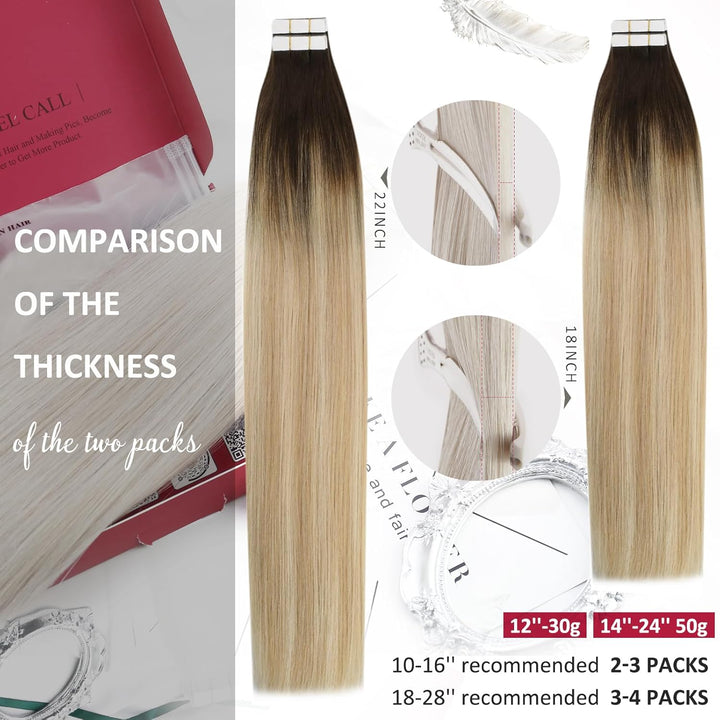 Moresoo Invisible Tape Extensions Blond Haarverlängerung Echthaar Tapes 35 cm Dunkelbraun bis Karame