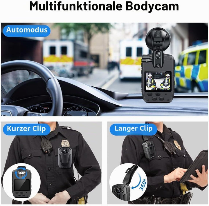 CAMMHD C8-128GB 1296P Body Cam 12 Stunden Tragbare Audio und Video Bodycam 170° Weitwinkel Polizei K