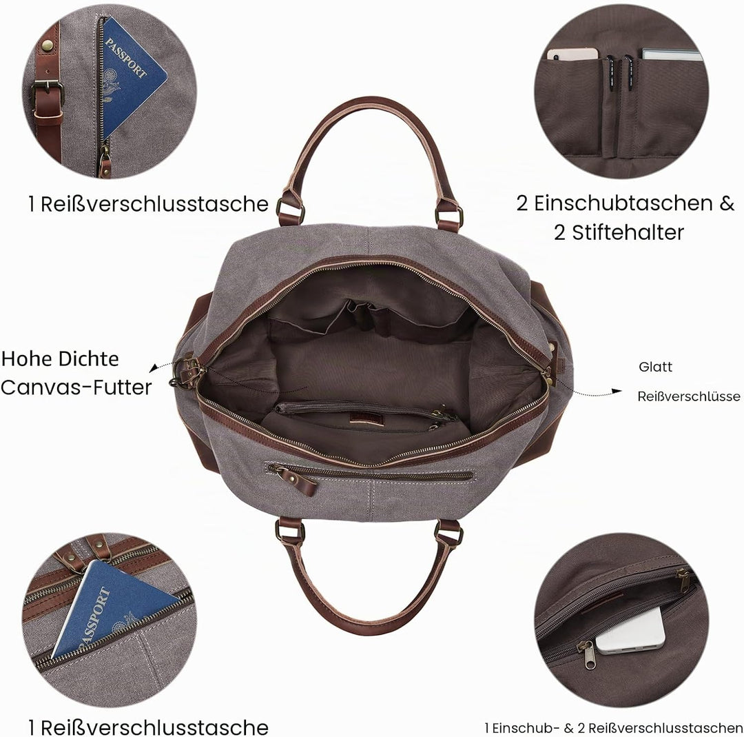 S-ZONE Reisetasche 60L Vintage Canvas Crazy Horse Leder Trim Unisex Handgepäck Weekender Tasche Spor