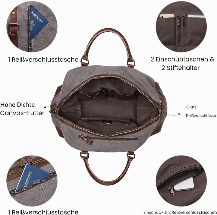 S-ZONE Reisetasche 60L Vintage Canvas Crazy Horse Leder Trim Unisex Handgepäck Weekender Tasche Spor