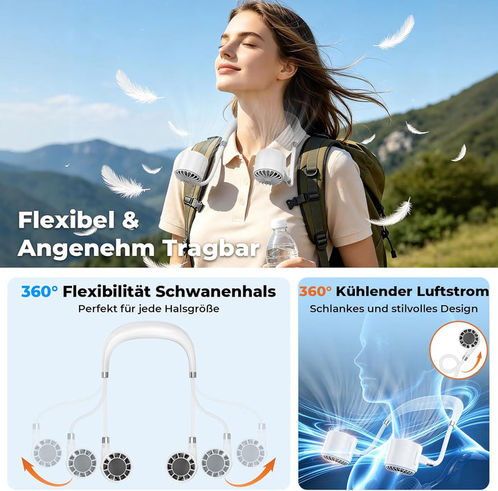Nackenventilator, Tragbarer Halsventilator mit 4000 mAh Akku, 6 Stufen & 360° Luftstrom, Extrem Leis