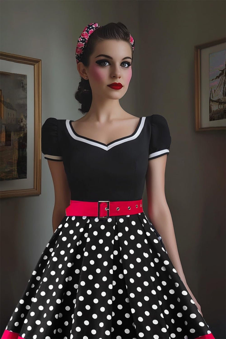 AXOE Damen Gepunktet Rockabilly Vintage Kleid mit Gürtel Partykleid XS Rot