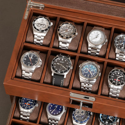ROTHWELL Uhrenbox aus Leder mit 20 Fächern, luxuriöses Uhrengehäuse, Schmuck-Organizer, verschliessb