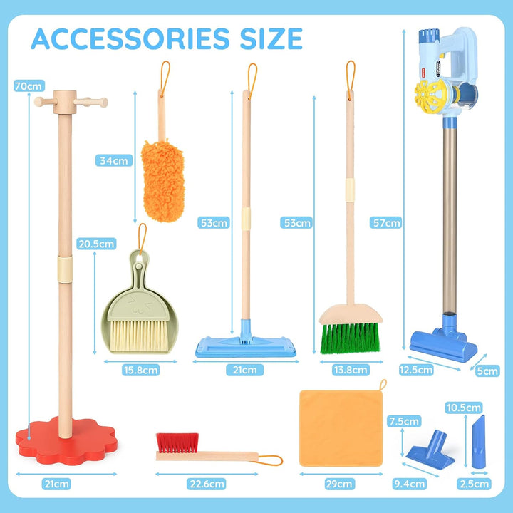 Dreamon Kinderstaubsauger Mit Saug und Soundfunktion, 11 PCS Putzset Kinder Holzspielzeug, Kinderbes