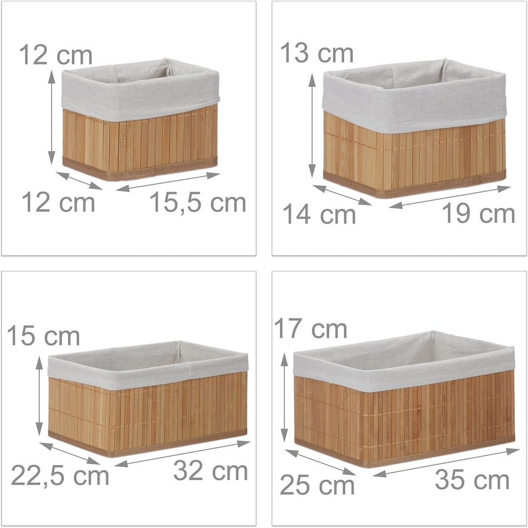 Relaxdays Aufbewahrungskorb 6er Set, mit Stoffbezug, Bambus, rechteckig, Bad, Accessoires, dekorativ