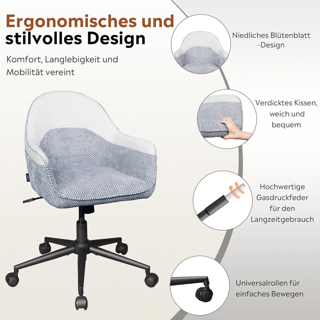 DEVAISE Homeoffice Stuhl, Ergonomischer Schminktischstuhl mit 9 cmKissen, neigbar bis 105°, höhenver