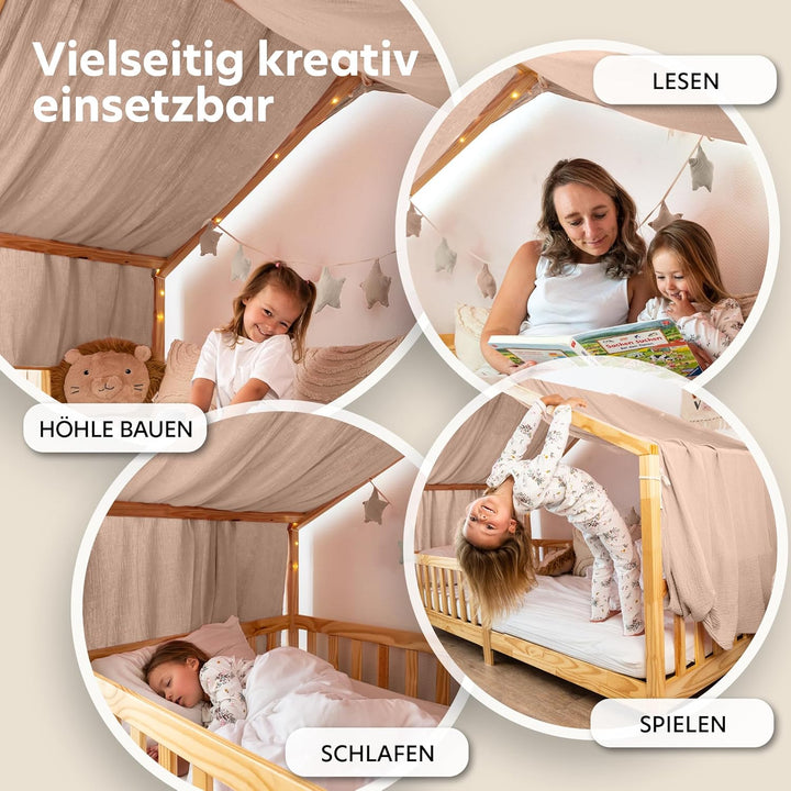 Hausbett Himmel mit Gold Applikation [in 12 Farben] Betthimmel Hausbett aus 100% Baumwolle Musselin