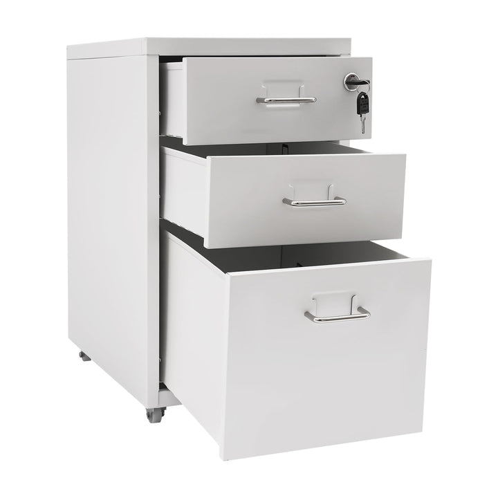 Rollcontainer Vertikaler Aktenchrank 3-Schubladen Metall-Schrank mit Schloss & Vier Rollen Stabiler