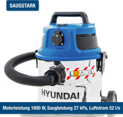 Hyundai Nass- / Trockensauger VCWD1620E, 1600 W, 20l Edelstahltank, Sauger mit Ausgangssteckdose, Ma